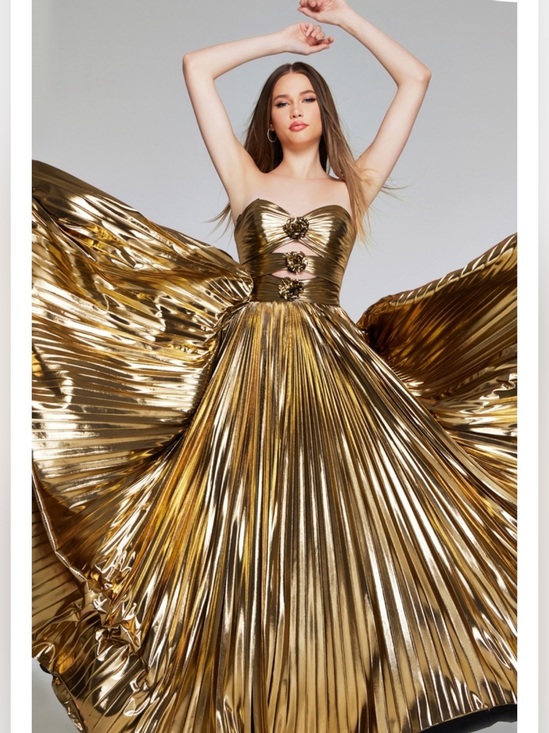 Jovani Dresses & Skirts - JOVANI Gold Metallic Pleated Strapless Floral Cut Out Prom Gown 42335 Size 0